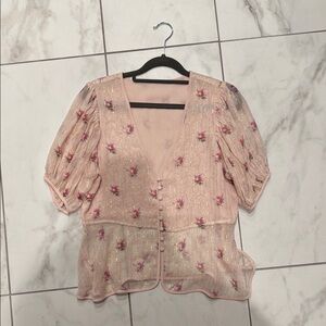 LoveShackFancy Pink Embellished Peplum Blouse
